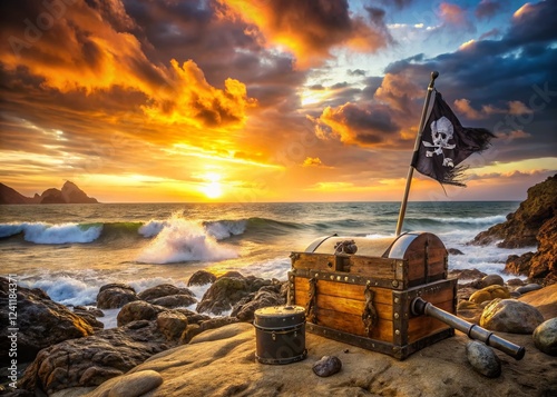 Pirate Treasure Chest Landscape: Cutlass & Flag on Sunken Loot photo