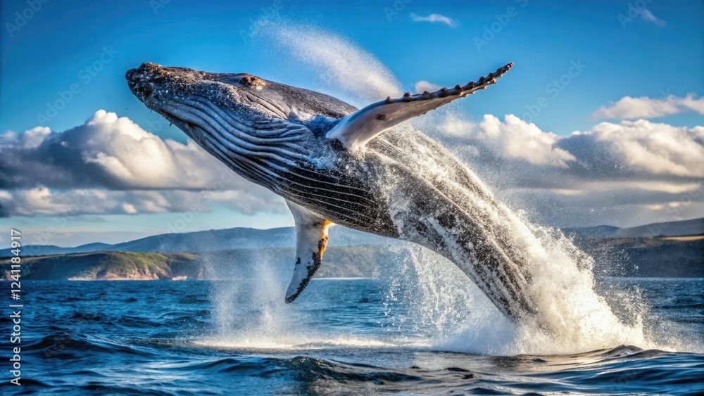 Obraz premium Large whale breaching the surface of the water, whales, ocean animals, marine mammals, marine wildlife