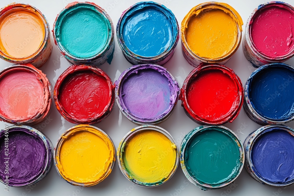 Flat lay of an assortment of open paint cans, with thick, vibrant paint visible inside, arranged in a gradient pattern on a white surface. Flat lay of an assortment of open paint cans, with thick, vibrant paint visible inside, arranged in a gradient pattern on a white surface.