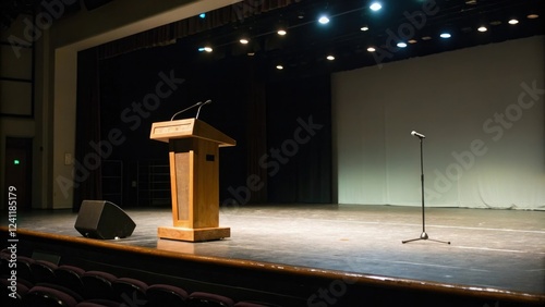 Lectern on an empty stage with a faint glow behind, lectern, introspective mood, soft light photo