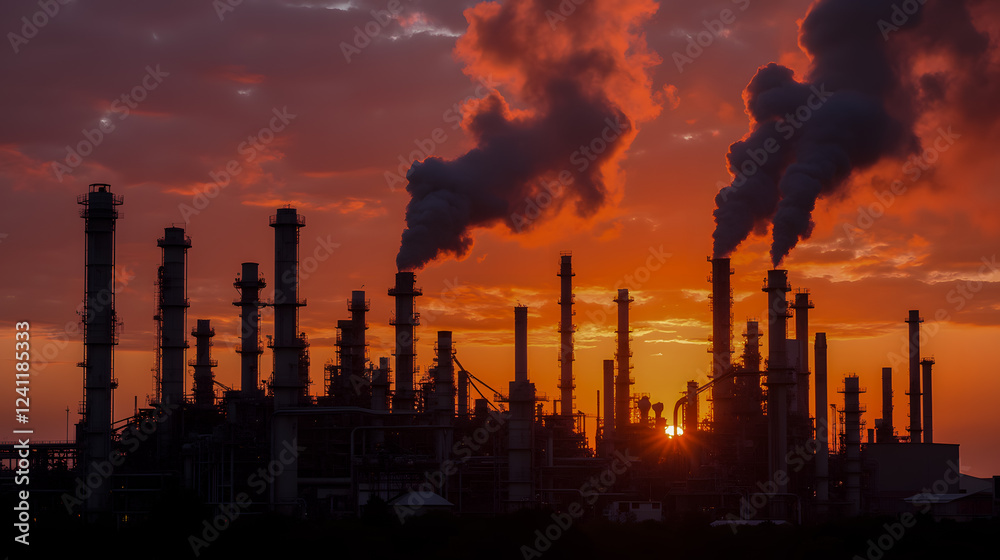 Obraz premium Sunset Over Industrial Skyline with Smoke Stacks Emitting Clouds Against a Colorful Sky at Dusk