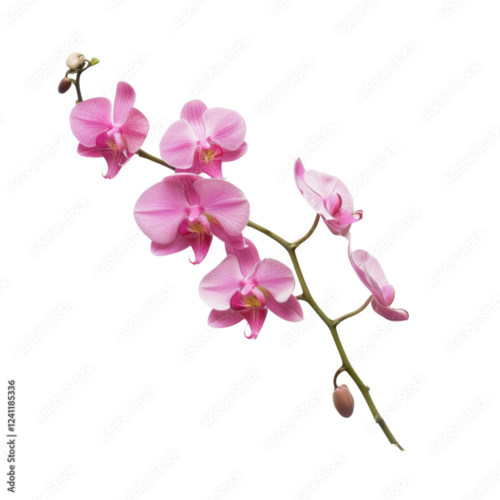 Fototapeta premium Beautiful pink orchid flower branch with delicate petals and green stem. This elegant floral arrangement adds touch of nature and tranquility to any setting