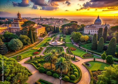 Panoramic Vatican Gardens Rome Italy: Stunning Sunset View photo