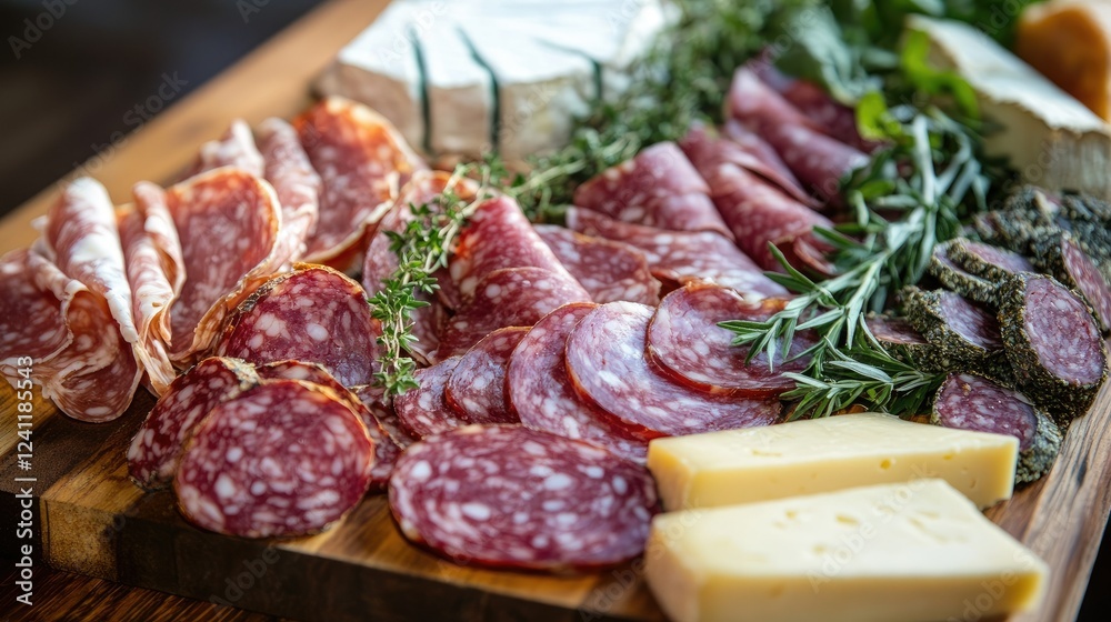 Charcuterie Board with Meats, Cheeses, and Fresh Herbs Displayed Charcuterie Board with Meats, Cheeses, and Fresh Herbs Displayed