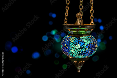 Moroccan Mosaic Lamp, Turkish Lighting for Ramadan. Authentic Arabic lantern for Muslim holy month Ramazan Kareem photo