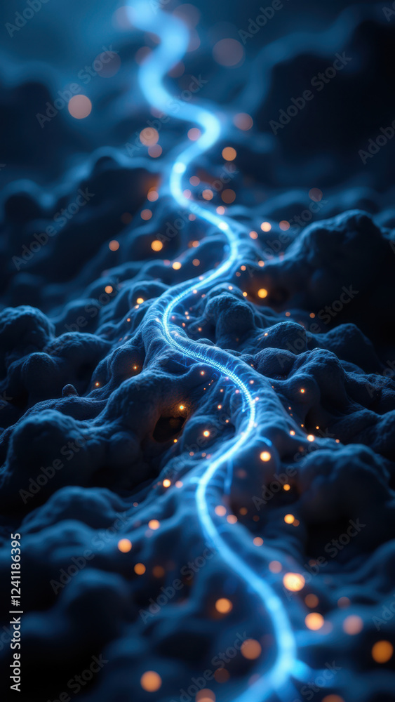 Obraz premium Vagus Nerve Stimulation - Magical Energy Pathway with Lightning Bolts and Bioluminescence.