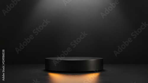 Elegant podium with metallic surfaces on a sleek black stage, subtle reflections and soft lighting for a premium product mockup