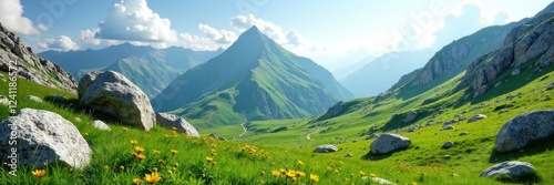 Lush greenery and rugged terrain of Buchaille Etive Mor, Landscape, Boulders photo