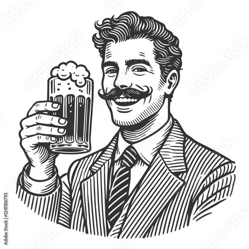 smiling man with a mustache raising a frothy beer glass, drawn in a classic engraving style sketch engraving generative ai vector illustration. Scratch board imitation. Black and white image