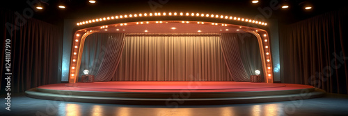 Elegant Stage Setting, Red Carpet, Curtains, Lights.  Awaiting Show's Grand Opening with Excitement.