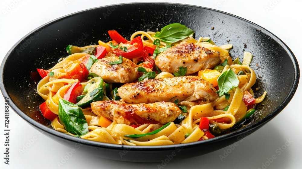 Grilled Chicken Fettuccine with Vegetables in Black Bowl Grilled Chicken Fettuccine with Vegetables in Black Bowl
