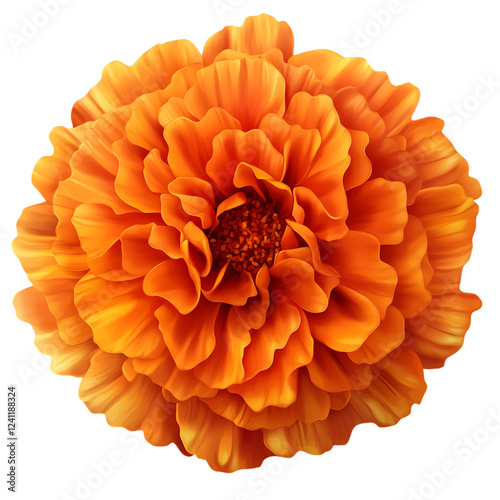 A vibrant orange flower with multiple layers of petals and a yellow center, set against a white background. 