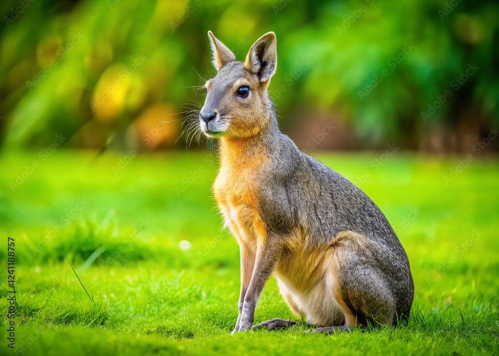 Fototapeta premium Patagonian Cavy Mara Relaxing on Grass, Observing Surroundings - Wildlife Stock Photo