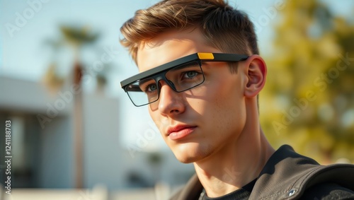 Stylish man in smart glasses. Close-up portrait of a young man wearing futuristic eyewear, looking thoughtfully into the distance.