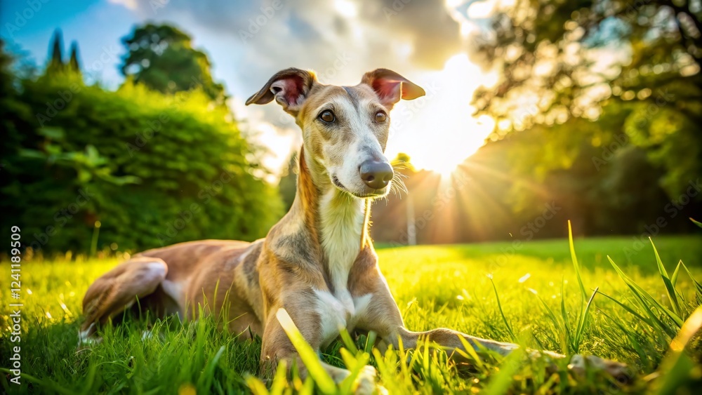 Relaxed Greyhound Dog on Sunny Green Lawn - Top View Stock Photo Relaxed Greyhound Dog on Sunny Green Lawn - Top View Stock Photo