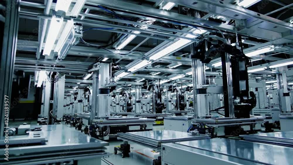 Innovative robotic automation in a modern manufacturing facility in the early morning hours Innovative robotic automation in a modern manufacturing facility in the early morning hours