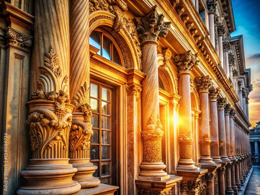 Fototapeta premium Renaissance Architecture: Close-up of Classical Columns & Windows - Stock Photo