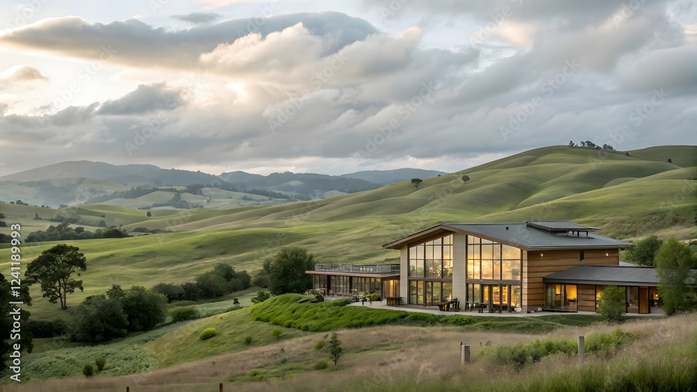 Stunning Modern Farmhouse nestled in rolling green hills and dramatic sunset sky