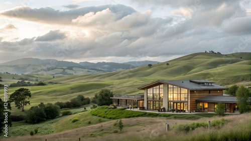Obraz na płótnie Stunning Modern Farmhouse nestled in rolling green hills and dramatic sunset sky w salonie