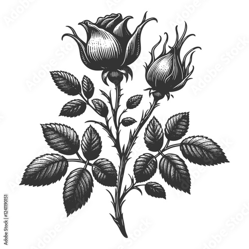 rose hip plant with detailed rosebuds, leaves, and thorns, drawn in an engraved, botanical style sketch engraving generative ai vector illustration. Scratch board imitation. Black and white image.