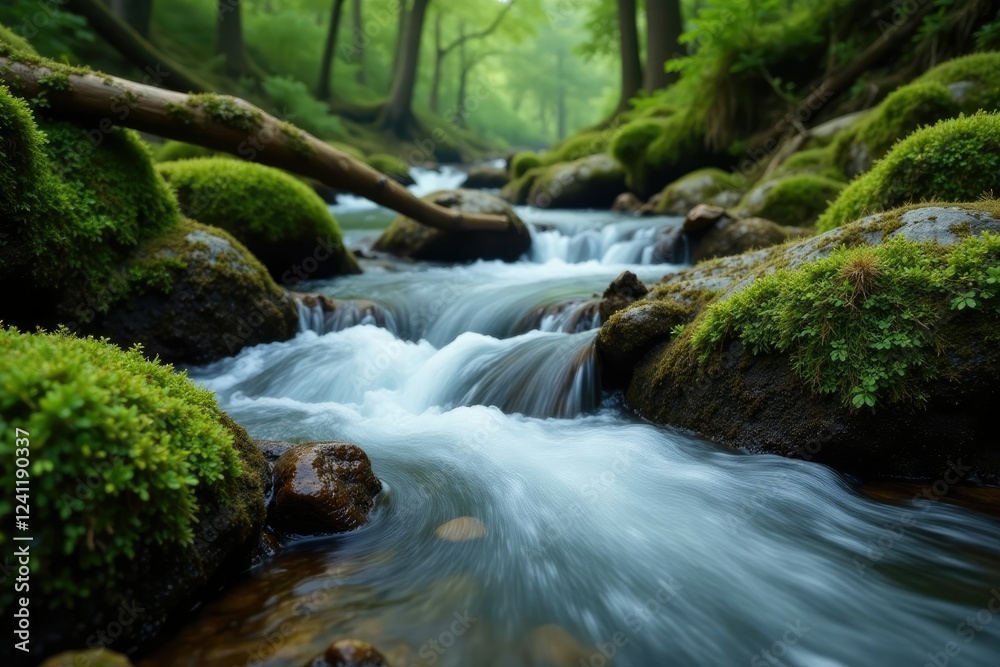 Obraz premium Mountain stream flowing over moss-covered rocks, wildlife, branch, moss