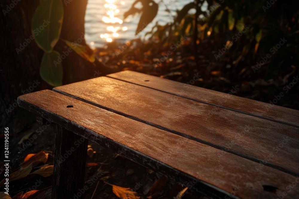 Sunset glow on wooden table by the lake with rippling water and autumn leaves in a serene natural setting Sunset glow on wooden table by the lake with rippling water and autumn leaves in a serene natural setting