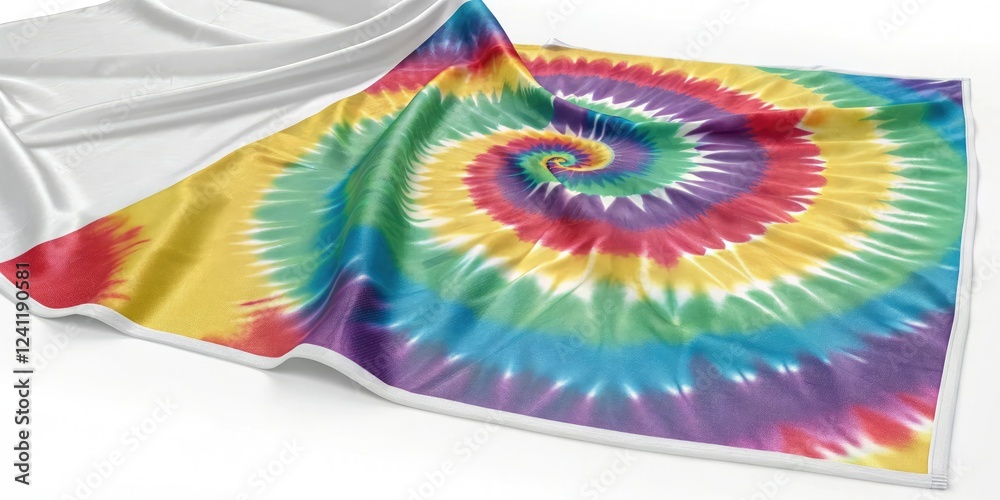Fototapeta premium Multi-colored tie-dye spiral pattern on a smooth white background, spiral pattern, gradient effect, art deco, swirling patterns, background textures