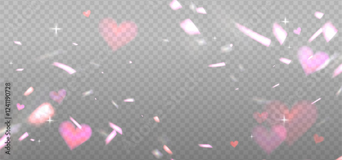 Prism pink romantic light sparkles overlay, crystal shine of heart light with flares. Prism light glasses or lens flare spectrum of gem glass refraction and sunlight shiny dispersion. Vector