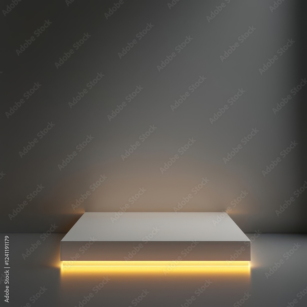 Minimal white podium with smooth edges, set on a sleek, reflective stage, elegant lighting enhancing the presentation Minimal white podium with smooth edges, set on a sleek, reflective stage, elegant lighting enhancing the presentation