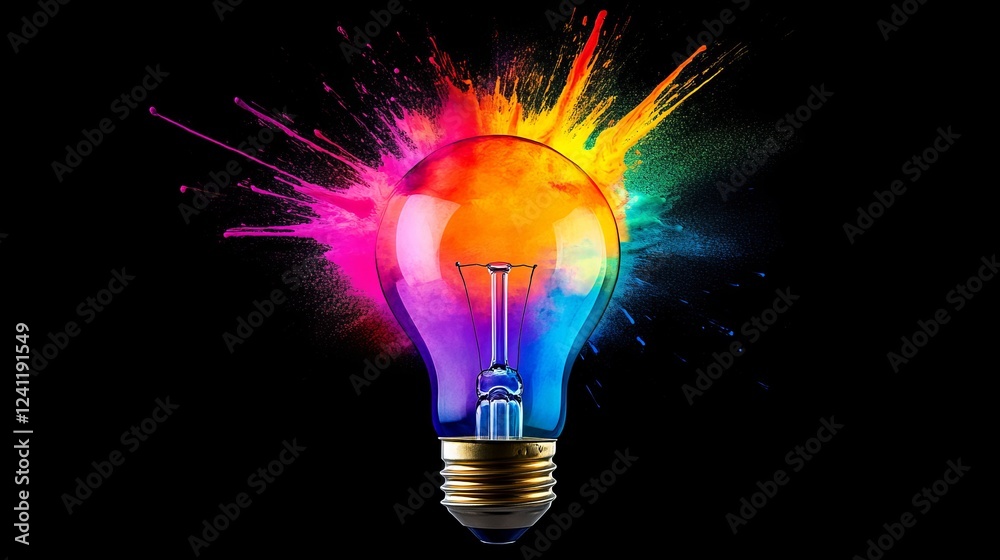 Vibrant light bulb exploding with colorful paint splashes against a black background, symbolizing creativity Vibrant light bulb exploding with colorful paint splashes against a black background, symbolizing creativity