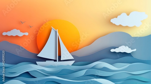 A serene paper-cut style illustration of a yacht sailing on waves under a sunset, evoking leisure and tranquility.