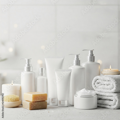 Toiletries soap towel creams and lotions on blurred background.