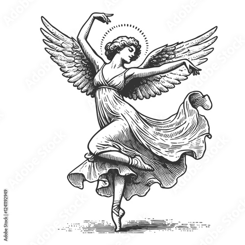 graceful angel with large feathered wings, dancing elegantly in a flowing dress, drawn in an engraved, woodcut style sketch engraving generative ai vector illustration. Scratch board. Black and white.