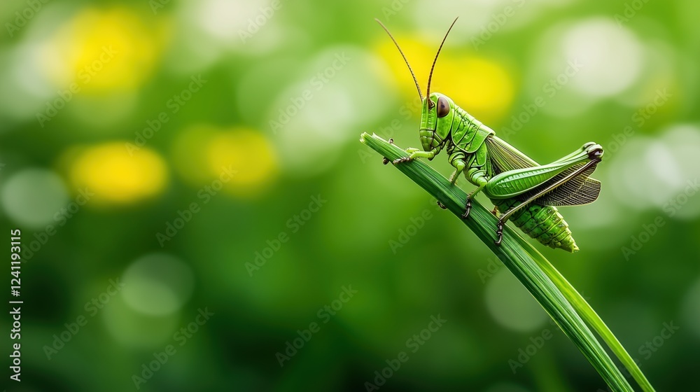 Close-up of vibrant green grasshopper sitting on a blade of grass against a soft focus natural background. Macro shot world of small animals in ecosystem. Close-up of vibrant green grasshopper sitting on a blade of grass against a soft focus natural background. Macro shot world of small animals in ecosystem.