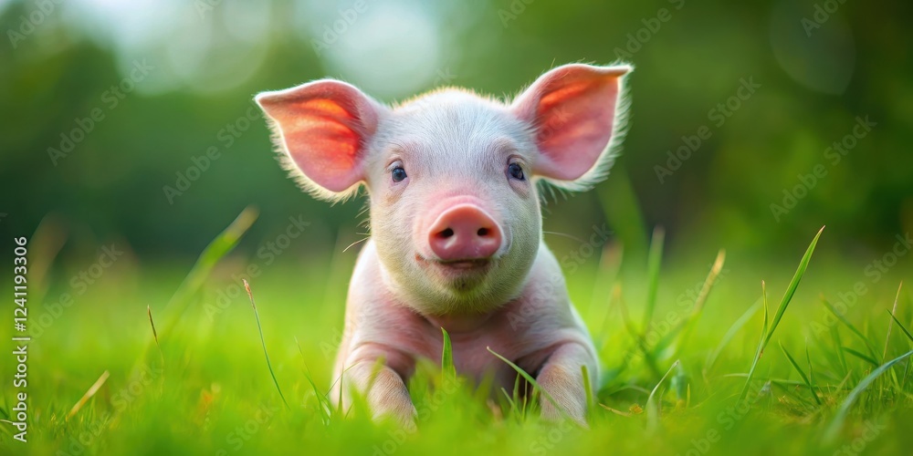 piglet with pink snout and big eyes sitting on a green grass, pet pig, nature,  pet pig
