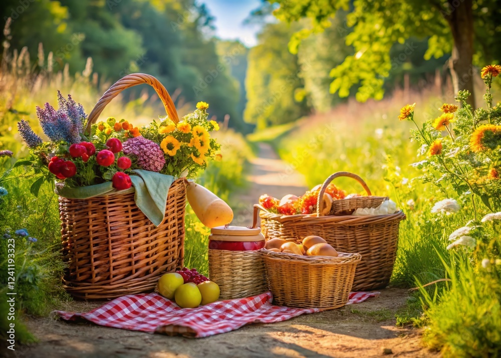 Rustic Wicker Baskets & Summer Picnic on a Countryside Path - Idyllic Outdoor Scene