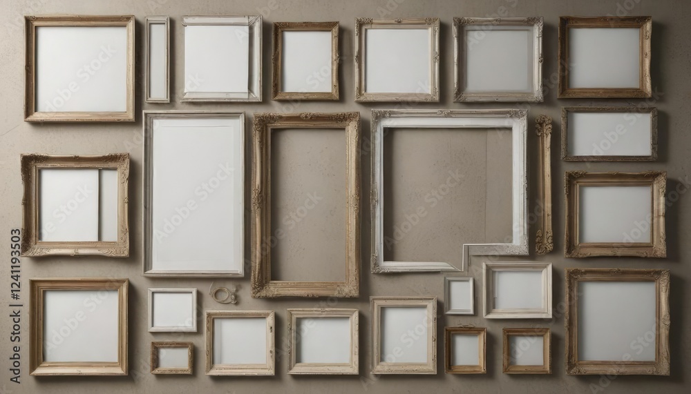 Fototapeta premium Overhead view of a variety of empty frames on a tabletop, vintage, blank