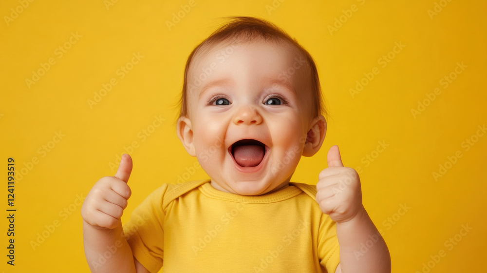 Happy baby giving thumbs up on a vibrant yellow background Happy baby giving thumbs up on a vibrant yellow background