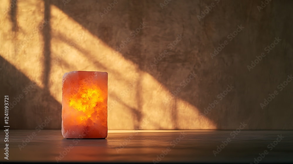 Illuminated Himalayan salt lamp on a table, casting warm light against a textured wall. Illuminated Himalayan salt lamp on a table, casting warm light against a textured wall.