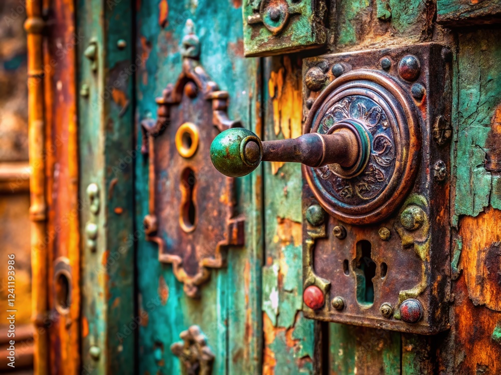 Rusty Antique Door Lock with Long Keys and Round Knob - Urban Exploration Photography Rusty Antique Door Lock with Long Keys and Round Knob - Urban Exploration Photography