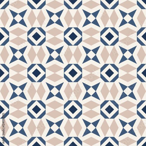 seamless geometric pattern featuring a repeating design of interlocking shapes in a calming palette of beige, blue, and white