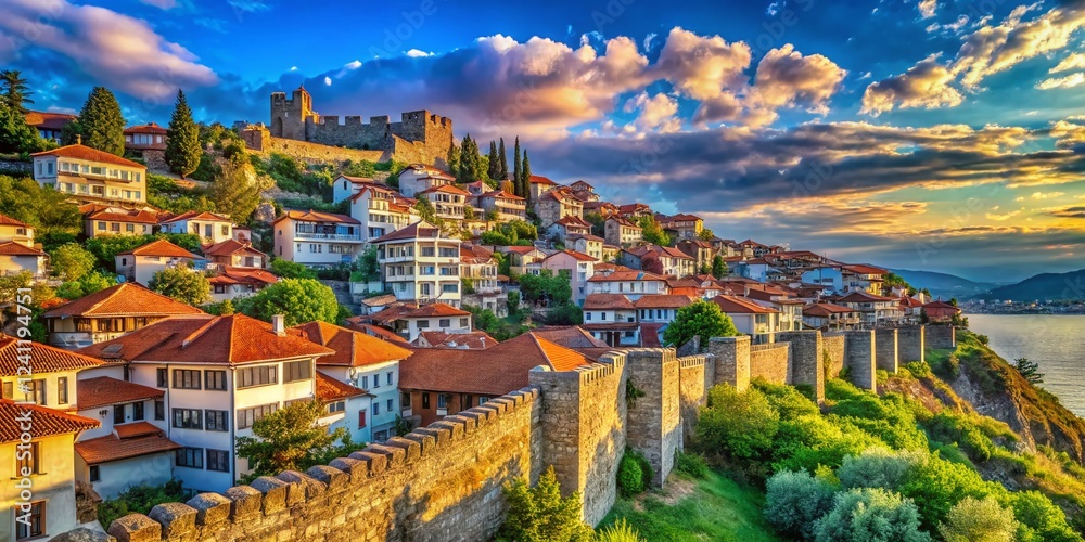 Naklejka premium Samuel's Fortress Ohrid Macedonia: Ancient Walls Overlooking Houses
