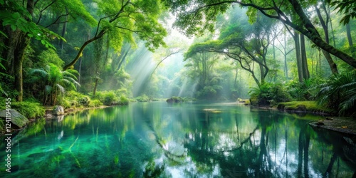 Misty forest glade with crystal-clear pool reflecting verdant canopy above, serene atmosphere, plants,  serene atmosphere