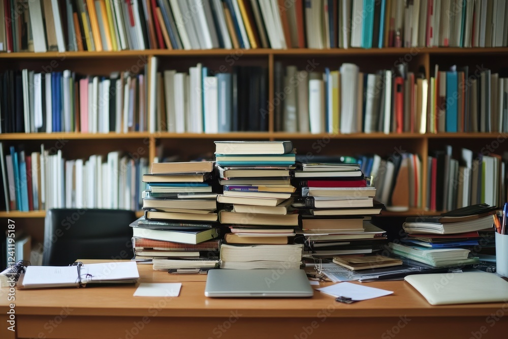 Stacked Books on a Desk in a Cozy Reading Nook Setting Stacked Books on a Desk in a Cozy Reading Nook Setting