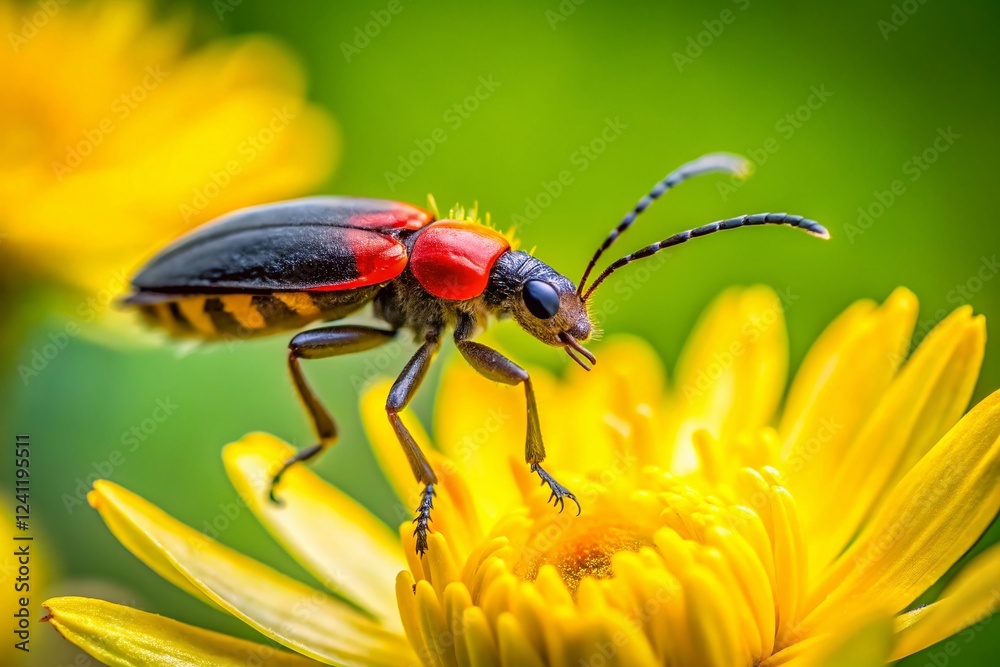 Naklejka premium Red and Black Beetle Taking Flight from Yellow Flower - Nature Macro Photography