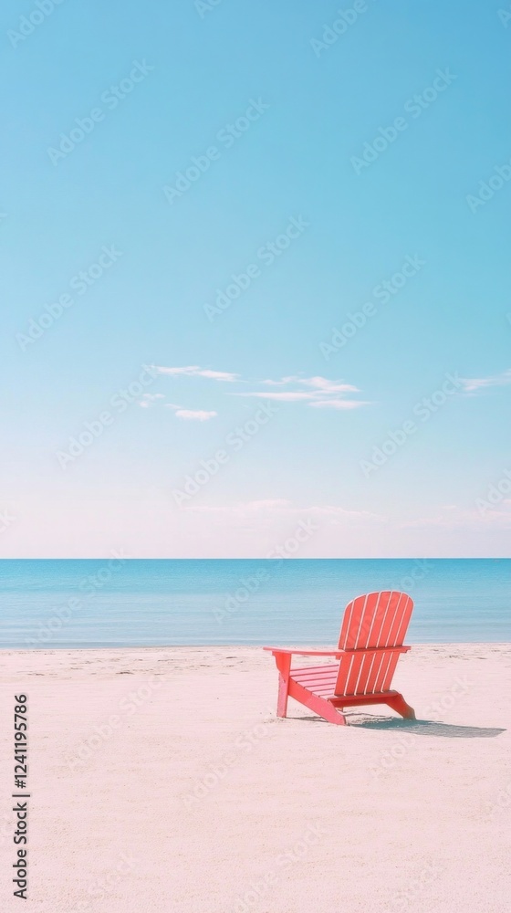 Red adirondack chair on tranquil beach against clear blue sky and calm sea Red adirondack chair on tranquil beach against clear blue sky and calm sea