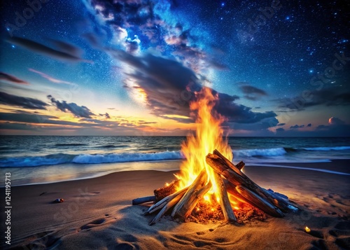Serene Beach Bonfire at Night: Starry Sky, Glowing Flames, Tranquil Ocean Waves photo