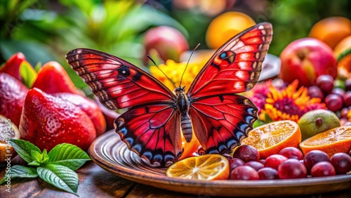 Red Butterfly Cymothoe Sangaris in Flight Above Delicious Tropical Fruit Platter photo