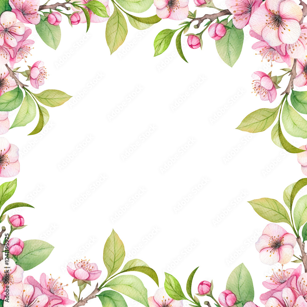 frame with pink flowers.Watercolor apple bloom frame. Retro pink flowers (apple, cherry blossom). Floral frame for vintage greeting card. Aquarelle frame with pink flowers.Watercolor apple bloom frame. Retro pink flowers (apple, cherry blossom). Floral frame for vintage greeting card. Aquarelle