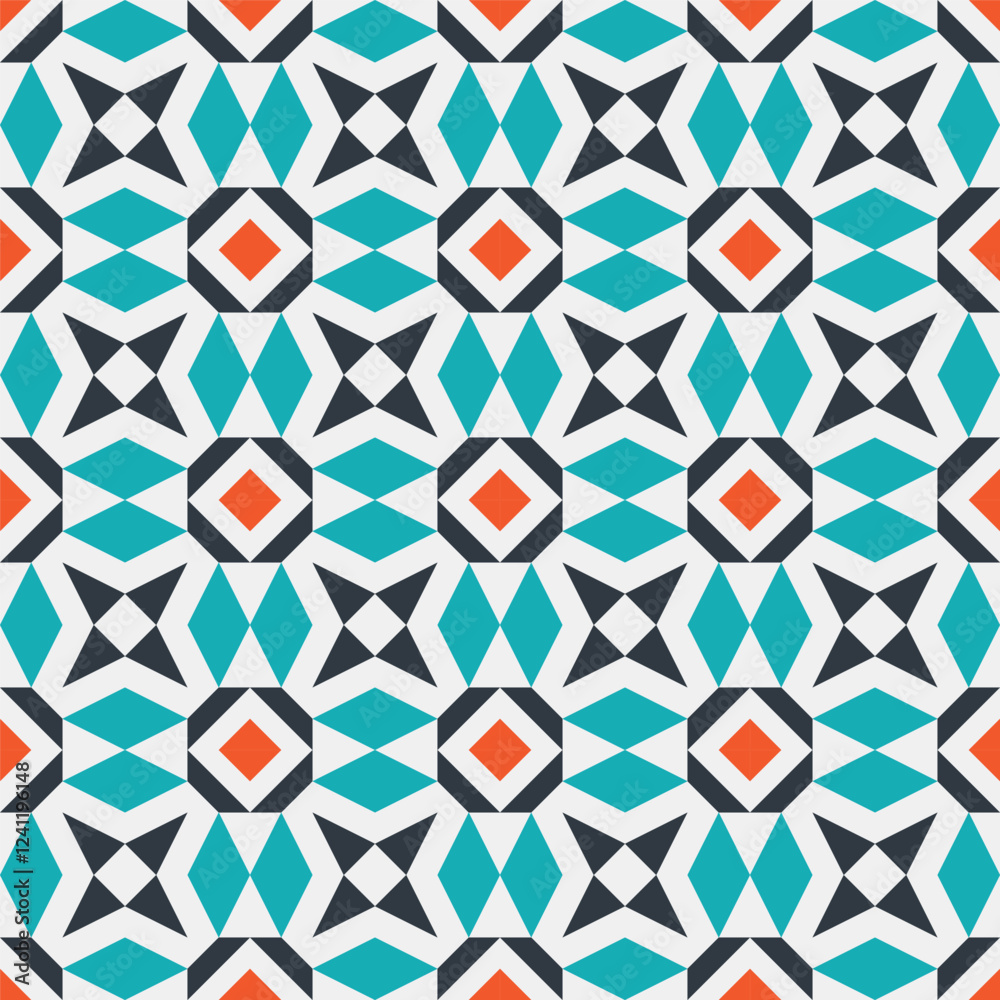 vibrant and dynamic seamless pattern featuring a repeating geometric design in a bold color palette of teal, orange, white, and black vibrant and dynamic seamless pattern featuring a repeating geometric design in a bold color palette of teal, orange, white, and black